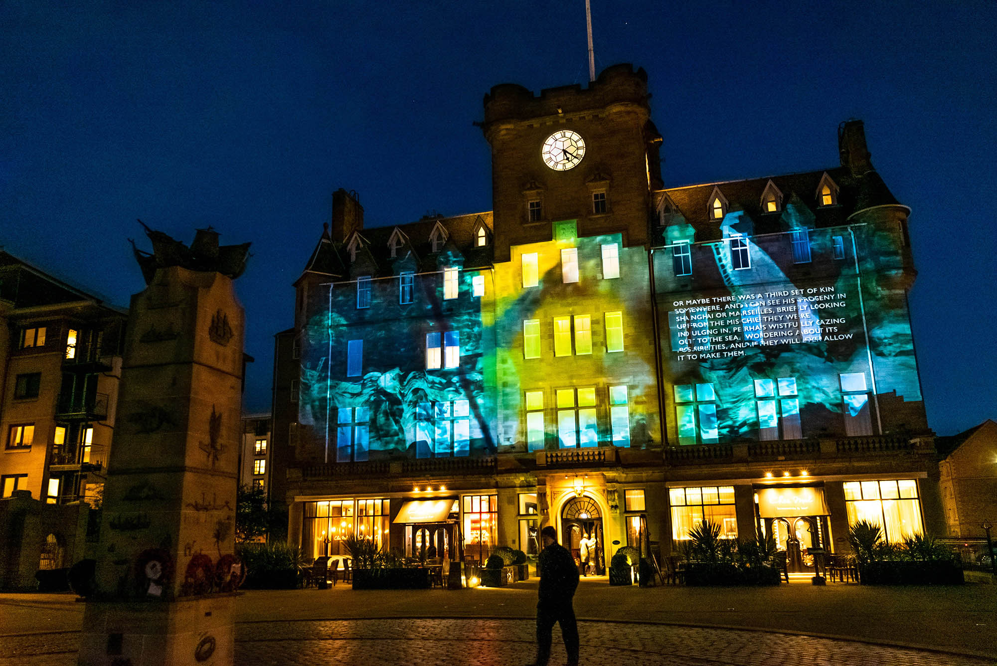 Message from the skies, projection on Malmaison Leith