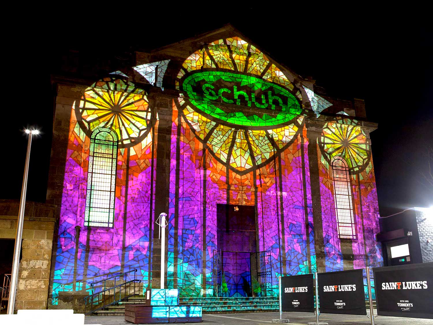 Schuh promotional projection advertising on st lukes Glasgow Projection Advertising